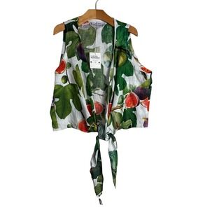 Idillio Positano Fig Print‎ Linen Tie Front Crop Top White Green Italy Europe